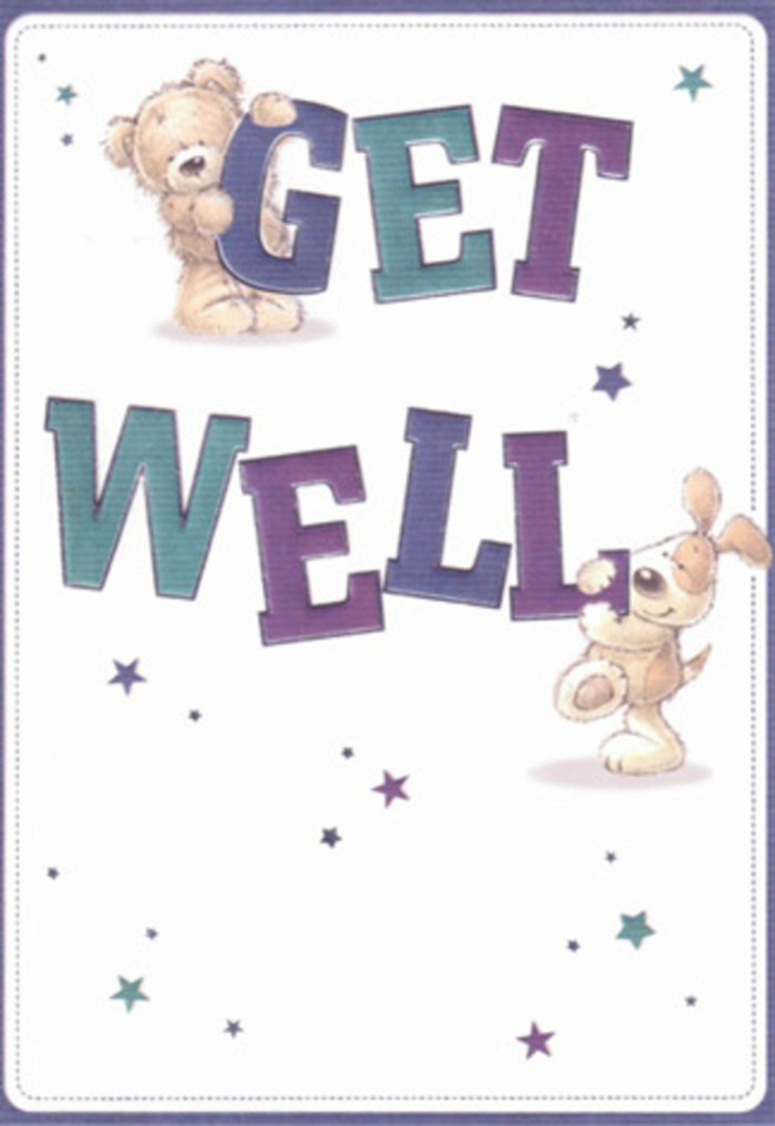 This get well card captures the very essence of gentle encouragement so cherished in Orpington, portrayed through the endearing friendship of a fluffy bear and its long-eared puppy companion. Above them, a flurry of starbursts seems to scatter well wishes through the air, filling the scene with hope and playful optimism. The typography is bold and rounded, awash in shades of purple and aqua, grounding the cheerful message in visual confidence-much like a vibrant bouquet arranged to brighten a neighbour's recovery. The tactile detail in the illustrations is striking: the bear's plush, honeyed fur and the puppy's soft, velvety ears both rendered so vividly that one can almost feel their comforting embrace. It's easy to picture this card accompanying a fresh bouquet from Florist Orpington, lovingly prepared for delivery near High Street or Station Road. Together, this pairing creates an uplifting gesture, perfect for lifting the spirits of friends and family-no matter their age-through artistry, colour, and the sincerity of local care.